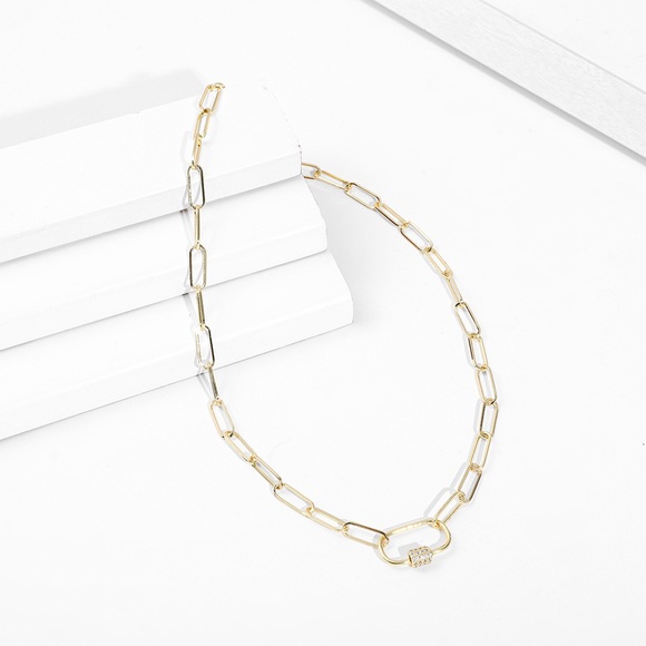 Oval Gold Narrow Chain Link Necklace Minimalist Paperclip Crystal Rhinestone - Picture 2 of 3